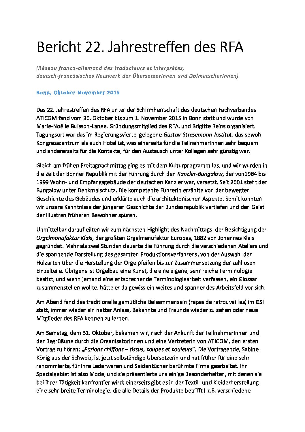 Image de présentation pour le document : Bericht 22. Jahrestreffen des RFA (Bonn)