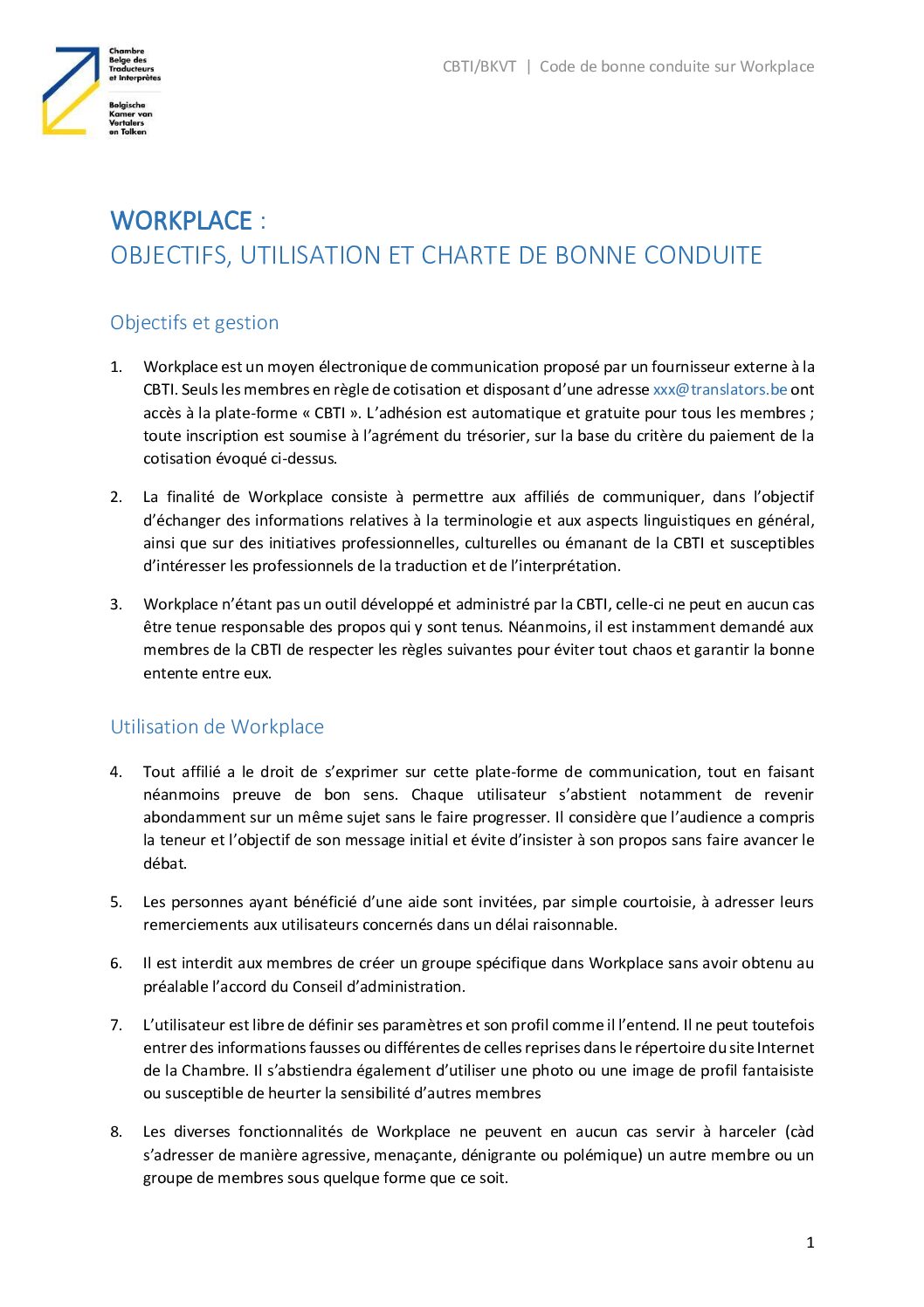 Image de présentation pour le document : Code de bonne conduite sur Workplace