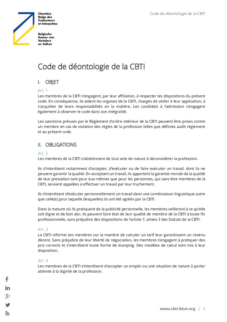 Image de présentation pour le document : Code de déontologie de la CBTI