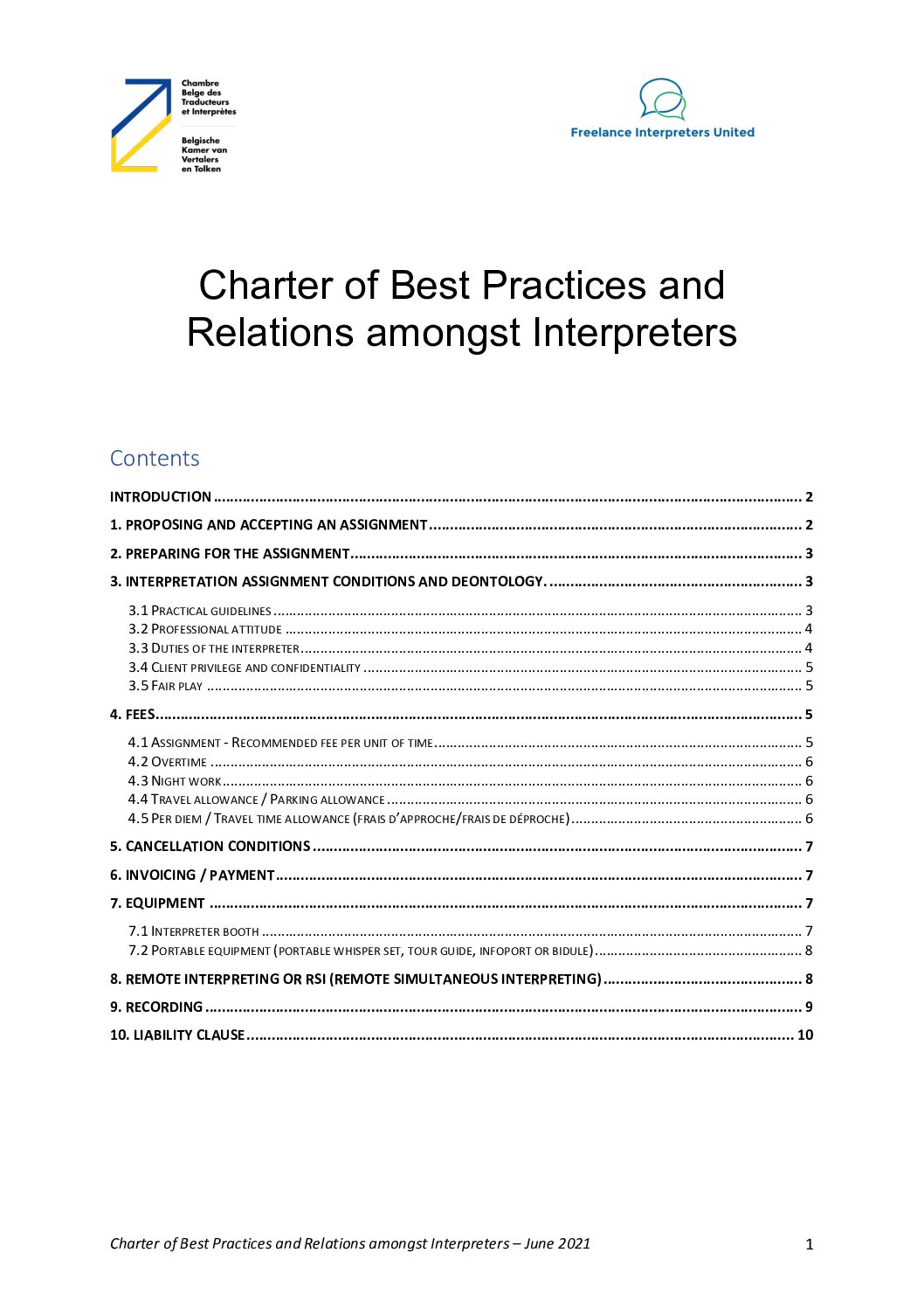 Image de présentation pour le document : Charter of best practices and relations amongst colleagues for interpreters – version 2023