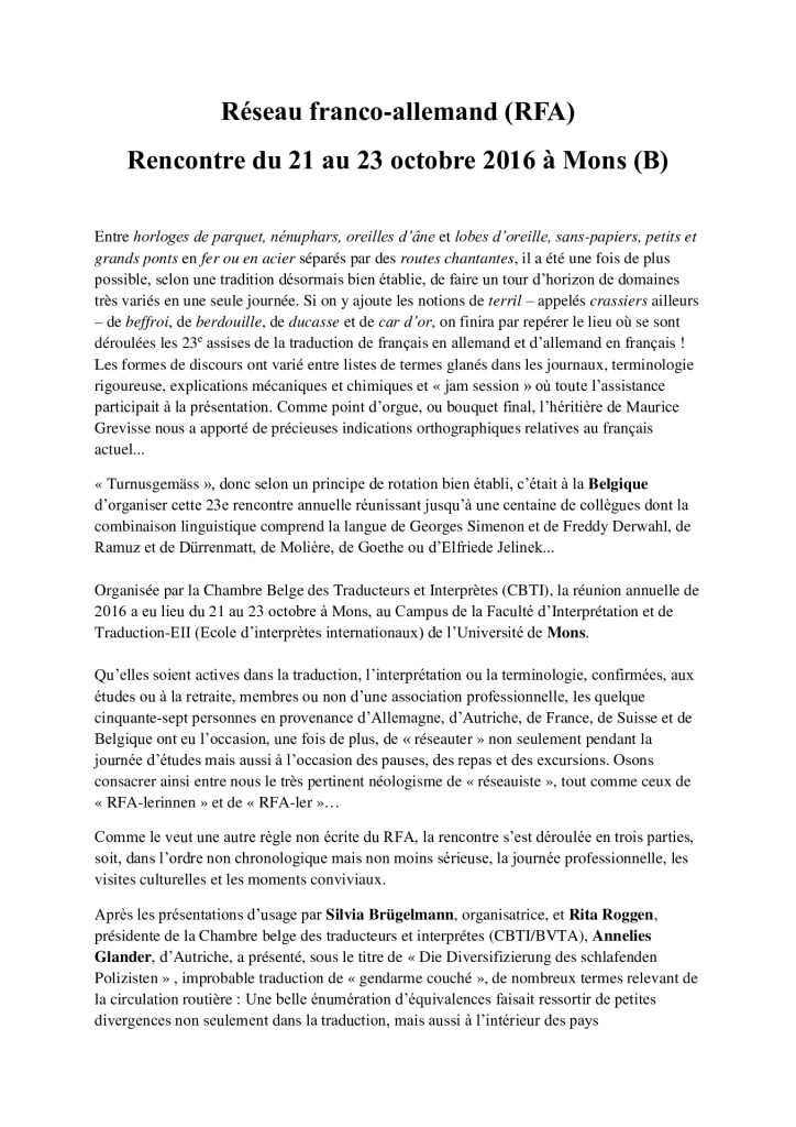 Image de présentation pour le document : Rapport 23e rencontre annuelle du RFA (Mons)