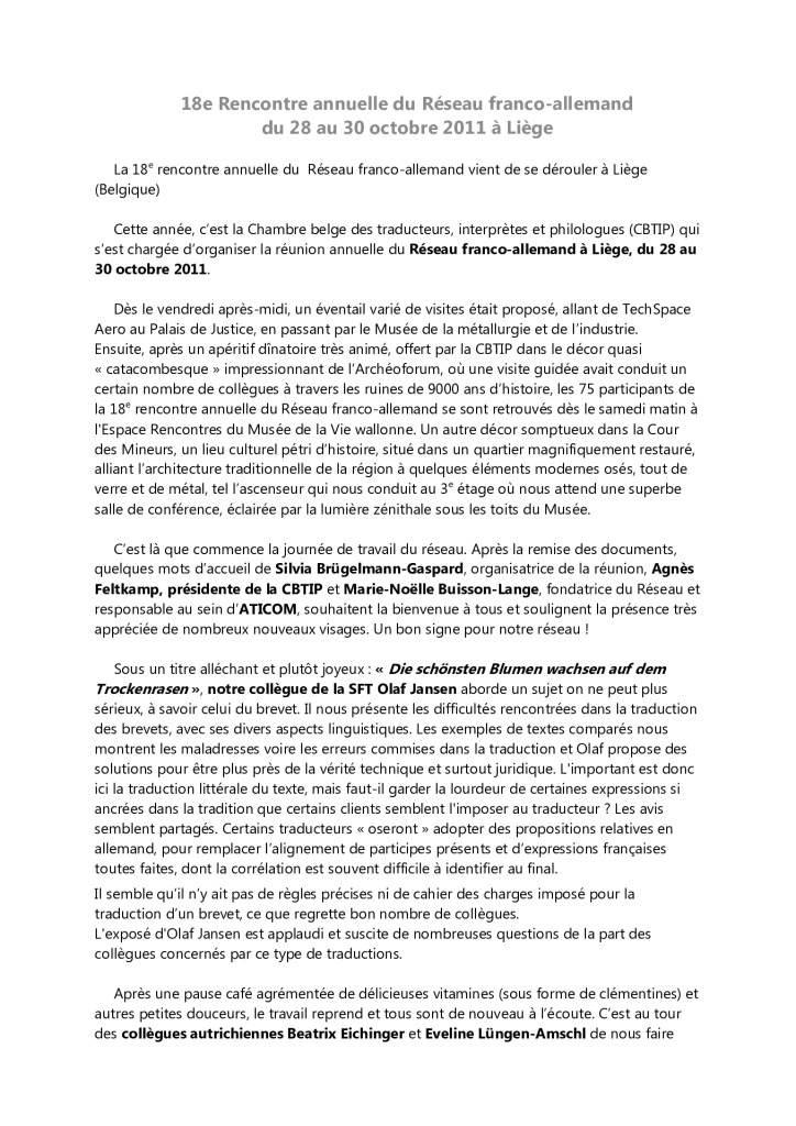 Image de présentation pour le document : Rapport de la rencontre 2011 du Réseau franco-allemand (Liège, BE)