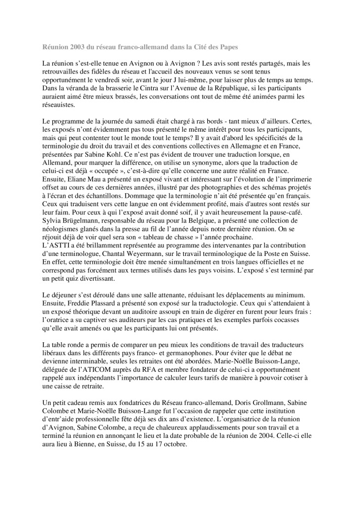 Image de présentation pour le document : Rapport de la rencontre 2003 du Réseau franco-allemand (Avignon, FR)