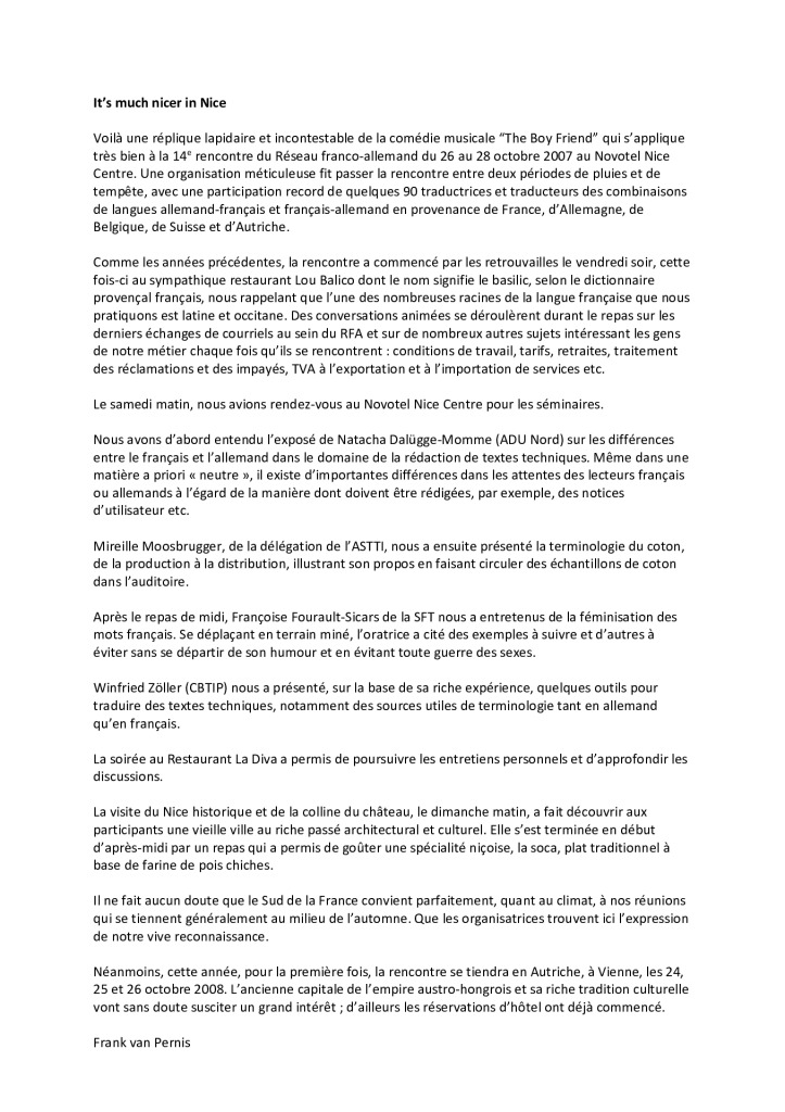 Image de présentation pour le document : Rapport de la rencontre 2007 du Réseau franco-allemand (Nice, FR)