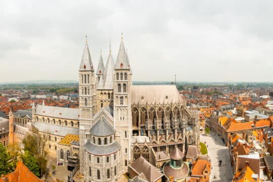 Notre-Dame de Tournai towers and surrounfing streets with old buildings panorama, Cathedral of Our Lady, Tournai, Walloon municipality, Belgium